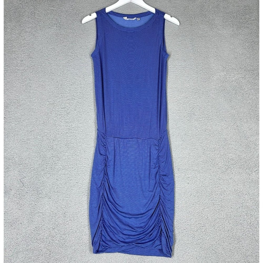 Athleta Women's XS Midi Dress Straight Ruched Striped Sleeveless Blue Casual
